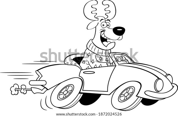Black and white illustration of a reindeer driving a\
convertible sports\
car.