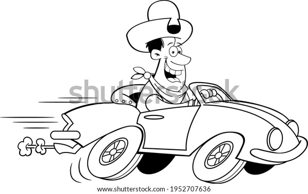 Black and white illustration of a smiling man\
in a cowboy hat driving a sports\
car.
