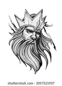 Black And White Illustration In Tattoo Style. Northern God Njord, With A Crown And A Long Beard