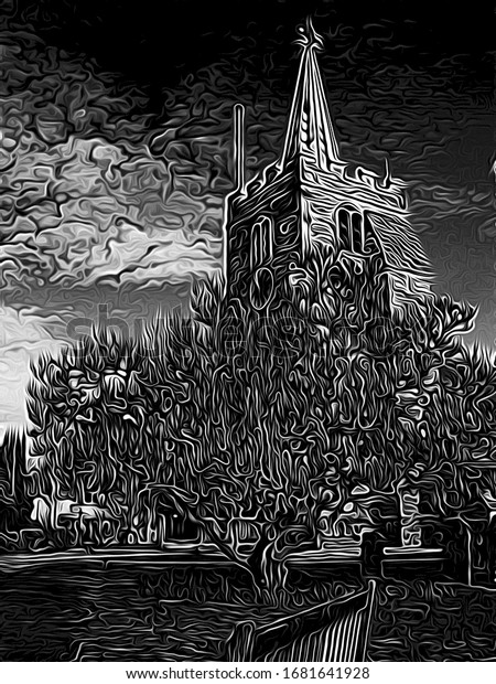 花の咲くツバキの木の背後にある聖ローレンス教会の塔の白黒のイラスト グレースケールではない のイラスト素材