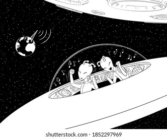 A black and white illustration of two space aliens listening to earth music over the radio in their flying saucer.  