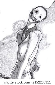 Black   white illustration very creepy long   humanoid monster and small black eyes   big smile