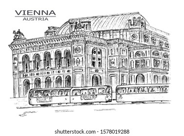 Black And White Illustration Of The Vienna Opera House, Austria. Architectural Sketch.