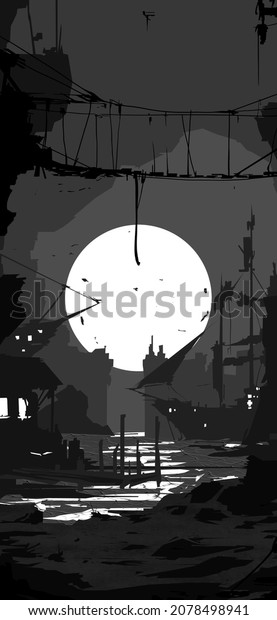 black and white image of the city, street with\
houses, sea with a pier and ships and sails, boats, rocks, towers,\
suspension bridge,\
birds