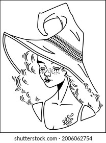 Black And White Image Of A Girl With Curly Hair Wearing A Hat With Freckles And A Tattoo On Her Chest
