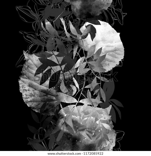 白黒は葉と花の組み合わせにシームレスな模様を繰り返す デジタル手描きの絵 水の色のテクスチャー メディアアートワークの混在織物の装飾やデザインの際限のないモチーフ のイラスト素材