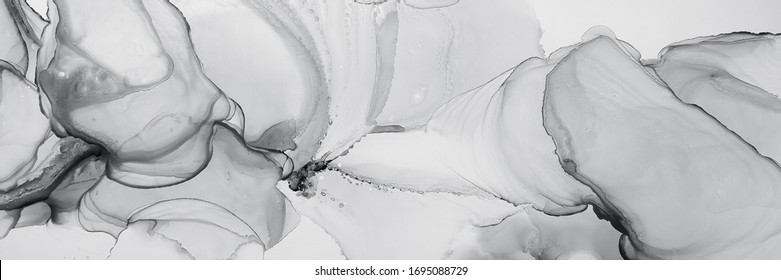 Black White Ink Fluid. Monotone Pattern. Abstract Surface. Silver Aquarel Drawing. Pale Handmade Effect. Grey Dark Shirt. Pastel Kaleidoscope Design. Boho Black White Ink Fluid.