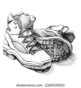 Black and white ink illustration of trekking shoes - Powered by Shutterstock