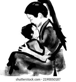 A Black And White Ink Painting Of A Mother Kissing Her Child Sitting On A Lap