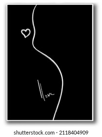 Black And White Interior Poster I Love. Valentine Card With Chalk Drawing. Line Of A Woman's Body On A Black Background. Vertical Banner For Valentine's Day With Copy Space