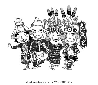 Black And White Line Drawing In Comic Style Of Sabah And Sarawak Tribe Iban And Kadazan Dancing In Traditional Costume Celebrating Harvest Festival.