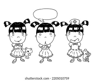 Black And White Line Drawing In Comic Cartoon Style Of A Little Girl Doing Various Activity: Stand Still And Smile, Thinking To Herself And Pretending To Be A Nurse With Injured Teddy Bear.