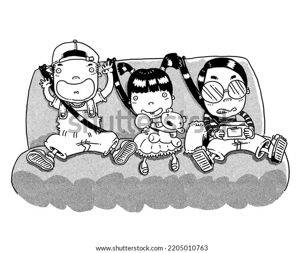 Black and white line drawing in\
comic cartoon style of kid siblings sitting in car back\
seat.