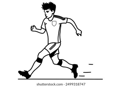 black and white line drawing of a male soccer player running, depicted in a dynamic pose with his left arm bent and right arm extended, wearing a uniform with shorts, a jersey, and cleats. - Powered by Shutterstock