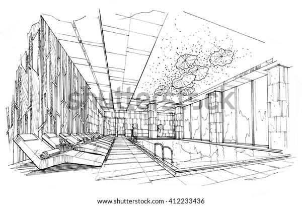 Black and white lined pattern sketch of the\
interior design.