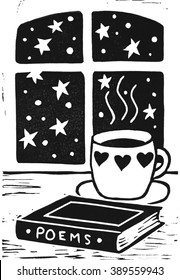 Black And White Linocut Postcard With Cup Of Tea And Book Front Of A Window