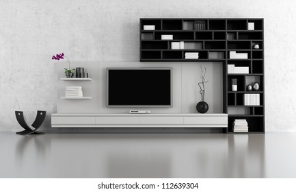 Black And White  Living Room With Tv Stand And Bookcase - Rendering