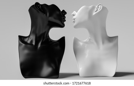 Black And White Mannequin Busts, Earring Jewelry Necklace Display Stand. Art Abstract Fashion Background. 3d Rendering.