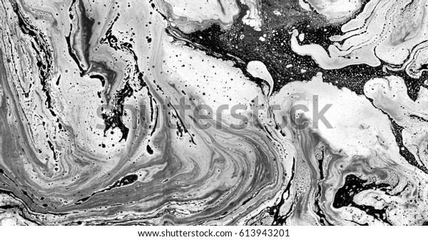 Black and white marble. Decorative texture. Liquid paints. Watercolour stains. Abstract painted waves. Trendy background for posters, cards, invitations, websites, wallpapers.