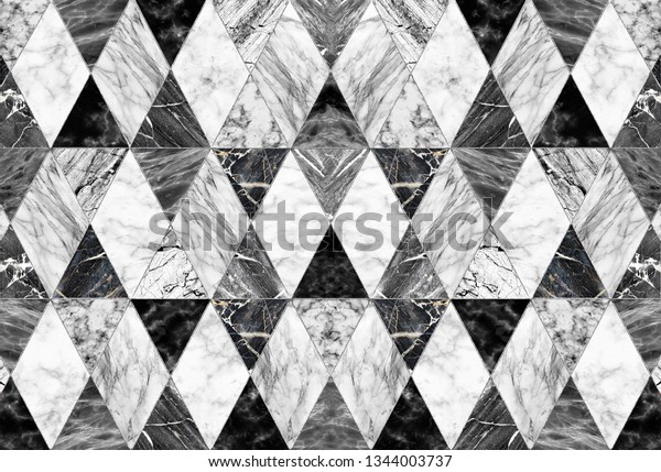 Black and white marble in the form of diamonds with silver edging. Geometrical abstraction. Marble tile, Fashion poster for textiles, fabric, web, Wallpaper, poster