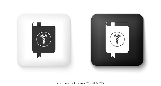 Black And White Medical Book And Caduceus Medical Icon Isolated On White Background. Medical Reference Book, Textbook, Encyclopedia. Scientific Literature. Square Button. .