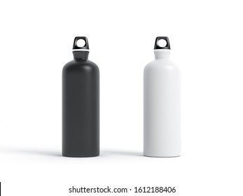 Black And White Metal Water Bottle Mockup Isolated On White Background, 3d Rendering