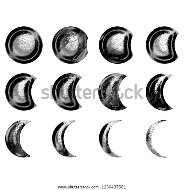 Black & white metallic chrome eclipses set or\
crescent moon phases shapes in a 3D illustration with a brushed\
style and shiny rough metal texture isolated on a white background\
with clipping path