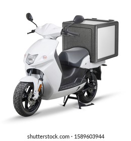 Black and White Modern Electric Delivery Food & Pizza Motor Scooter Isolated on White Background. Personal Transport. Front Side View Electric Motorcycle with Step Through Frame. 3D Rendering