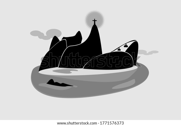 Black and white monochrome illustration of Rio\
de Janeiro including Two Brothers, Gavea and Sugarloaf mountains\
with city lake, beach and islands on the coast and the sun behind\
Corcovado mountain