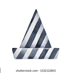 Black   white monochrome illustration wizard hat and diagonal stripe pattern  Handdrawn watercolour sketchy painting white background  cutout clip art element for creative design decoration 
