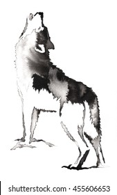 black and white monochrome painting with water and ink draw wolf illustration