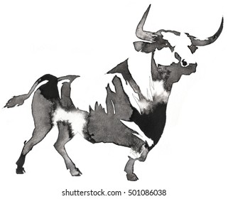 black and white monochrome painting with water and ink draw bull illustration