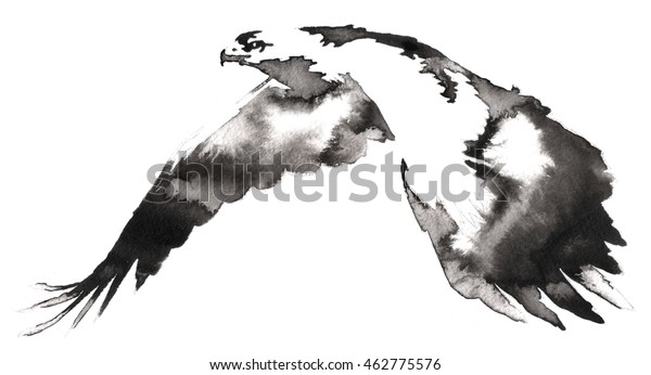 水とインクで白黒の白黒画像イーグルの鳥イラスト のイラスト素材