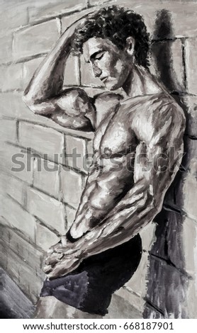Black and white Naked athletic guy at wall Original oil painting on canvas. Beautiful hand made sexy body artwork. Fassion illustration. Modern impressionism art.