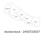 Black and white Nepal geography map with bordered cities and title for travel posters, prints, stickers, labels, graphics and others use. 