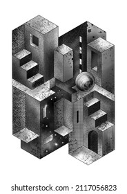 Black And White Noise Texture Illustration Using Isometric Geometric 3D Simple Shapes With Door, Stairs, Buildings, And Optical Illusion 