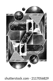 Black And White Noise Texture Illustration Using  Isometric Geometric 3D Simple Shapes With Window, Buildings, Optical Illusion Effect Hallway And Planets