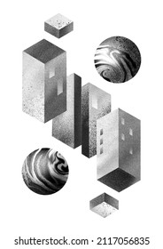 Black And White Noise Texture Illustration Using Floating Isometric Geometric 3D Simple Shapes With Window, Buildings, Optical Illusion Effect And Planets