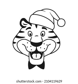 Black And White Outline Talking Happy Tiger In Santa Hat Head Isolated On White Background. Cute Adorable Wild Cat. Coloring Page For Kids. Holiday Line Smiling Animal Character Illustration.