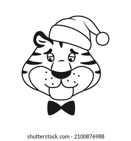 Black And White Outline Upset Striped Tiger In Santa Hat Head Isolated On White Background. Cute Unhappy Wild Cat Line Coloring Page. New Year Symbol Holiday Sad Animal Face Sketch Illustration