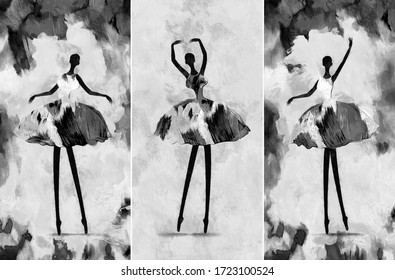 black and white painting African girl ballerina dancing abstract figure. collection of designer. Decoration for interior. Contemporary abstract art on canvas. A set of pictures with different texture.