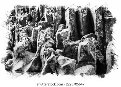 A Black And White Painting Effect Photo Of Uniquely Shaped, Moss Covered Volcanic Rocks In A Mountain Gorge In Japan.