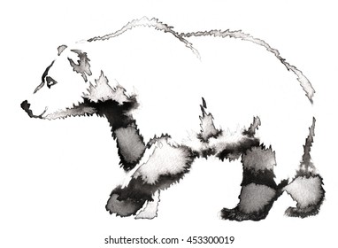 black and white painting with water and ink draw bear illustration