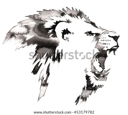 black and white painting with water and ink draw lion illustration