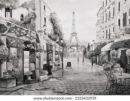 Black and white Paris city view painting with buildings, street cafe, shop, restaurant, apartment, flowers, street lamps, paved walkway and Eiffel tower background 