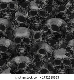 Black and white pattern of human skulls. Monochrome ornament. Scary Halloween pattern. Suitable for printing on fabric.