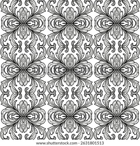 Black white pattern. Seamless vector. Hand drawn ornament. Floral decorative line art. Repeating geometric design. Graphic print texture wallpaper with hand drawn flower. Traditional vintage simple bg