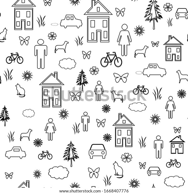 Black\
white people on the street, home, cars, children pattern seamless,\
material, paper, wallpaper, textil,\
background