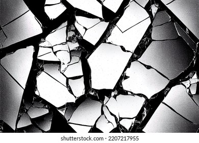 A Black And White Photo Of A Broken Mirror, A Shattered Window Pane Of Glass On The Floor.