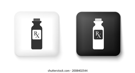 Black And White Pill Bottle With Rx Sign And Pills Icon Isolated On White Background. Pharmacy Design. Rx As A Prescription Symbol On Drug Medicine Bottle. Square Button..